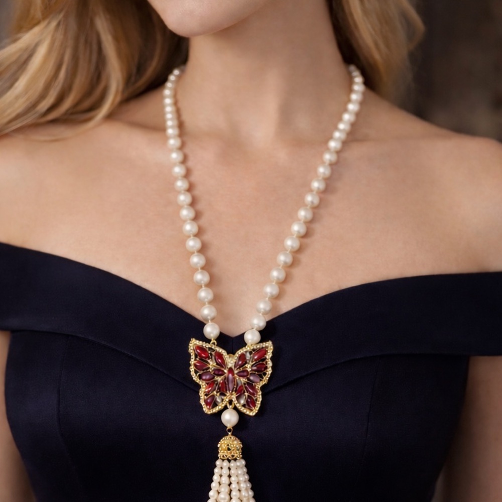 Elegant Faux Pearl Necklace w/ Red Butterfly Pendant & Tassel  Vintage Style - Picture 6 of 7